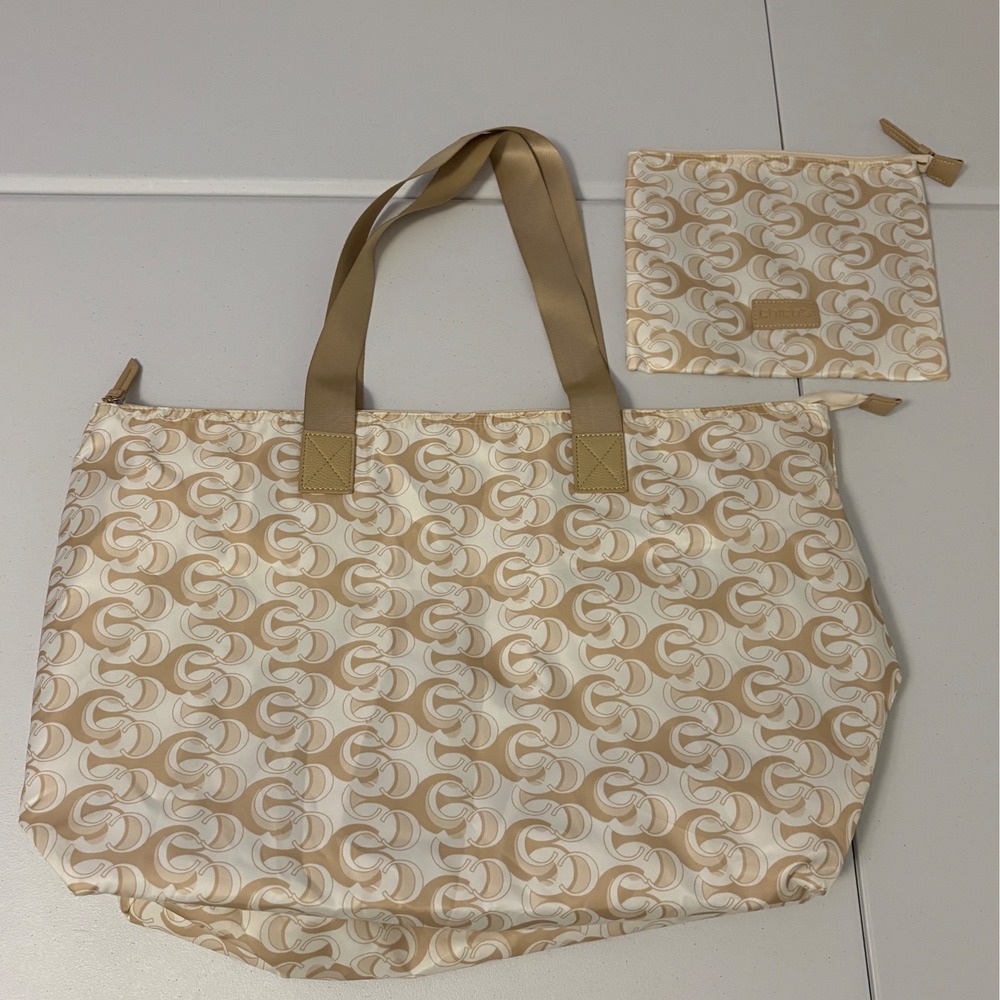 Chico's Monogram Logo Tote Bag and Pouch Set Beige Cream Travel Work a5